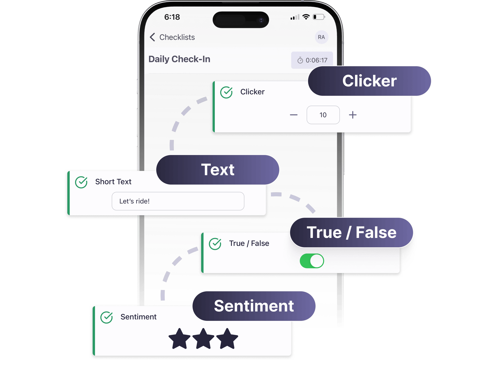 Mobile device showcasing Clicker, Text, True/False, and Sentiment widgets