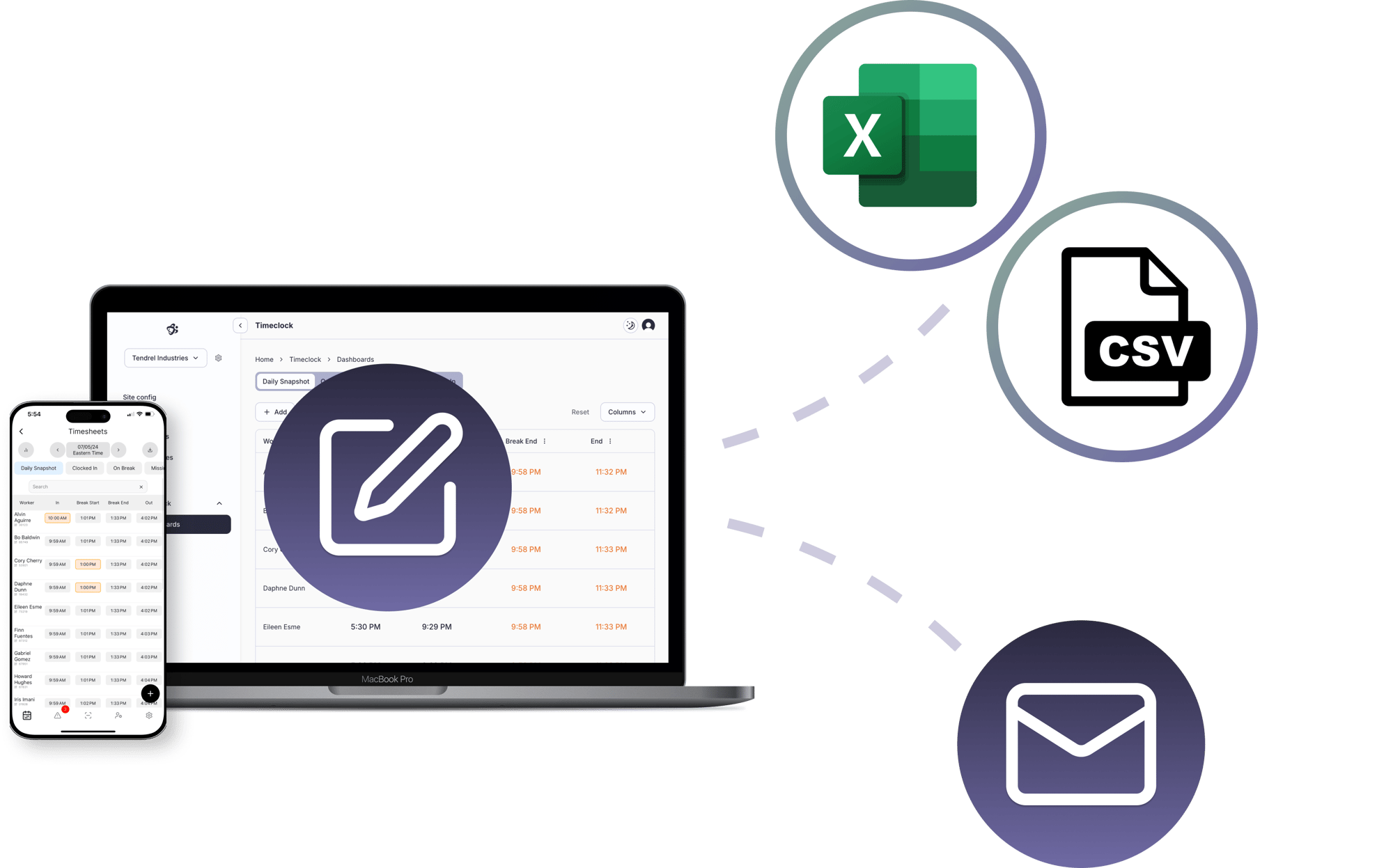 Tendrel dashboards showing export options to excel, csv and email reports