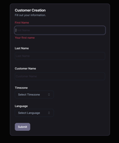 customer creation screen